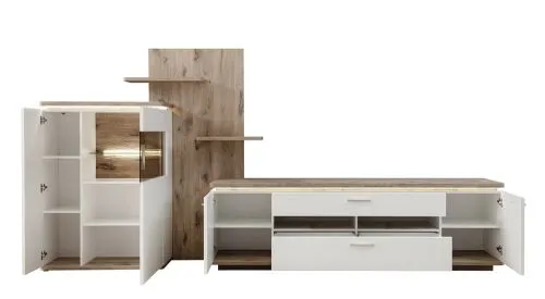 Wohnkombination Palermo, 3-teilig, im Wohnzimmer, TV-Board mit offenen Fächern und Schubkästen, Vitrinenschrank, Wandregale – Ansicht 7