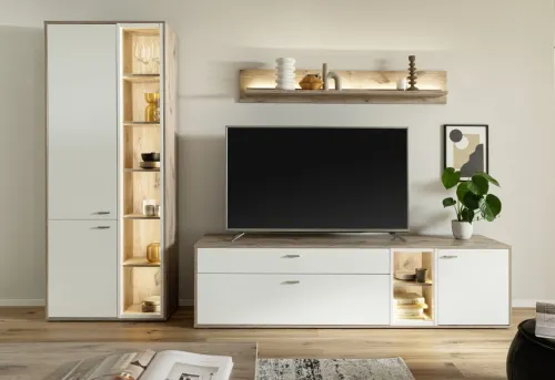 Wohnkombination Santerno 1 | Soft white / Viking Oak | 3-teilig | mit 135 cm Beleuchtung