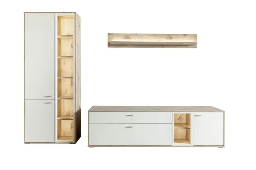 Wohnkombination Santerno 1 | Soft white / Viking Oak | 3-teilig | mit 135 cm Beleuchtung