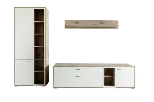 Wohnkombination Santerno 1 | Soft white / Viking Oak | 3-teilig | mit 135 cm Beleuchtung