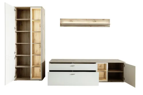 Wohnkombination Santerno 1 | Soft white / Viking Oak | 3-teilig | mit 135 cm Beleuchtung