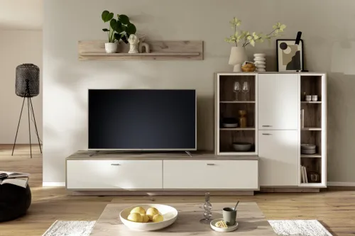 Wohnkombination Santerno 2 | Soft white / Viking Oak | 3-teilig | mit 135 cm Beleuchtung