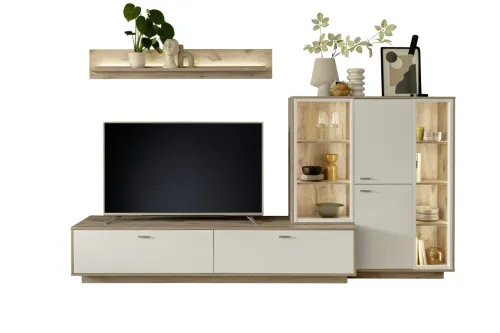 Wohnkombination Santerno 2 | Soft white / Viking Oak | 3-teilig | mit 135 cm Beleuchtung
