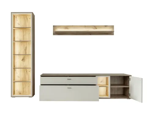 Wohnkombination Santerno | Soft white / Viking Oak | 3-teilig | LED Beleuchtung