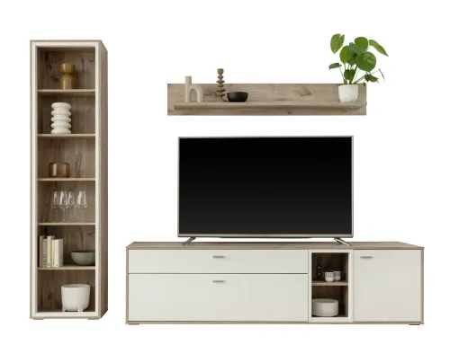 Wohnkombination Santerno | Soft white / Viking Oak | 3-teilig | mit 50 cm Beleuchtung