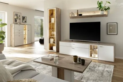 Wohnkombination Santerno | Soft white / Viking Oak | 3-teilig | ohne Beleuchtung