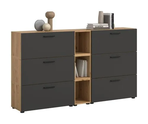 Wohnkombination The One 1 | 9-teilig | Artisan Oak / Basalt grau mit LED Bad warm-weiß 2x110cm