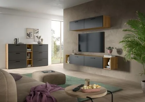 Wohnkombination The One 1 | 9-teilig | Artisan Oak / Basalt grau mit LED Bad warm-weiß 2x110cm