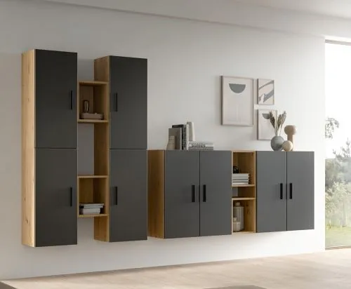 Wohnkombination The One | 12-teilig | Artisan Oak / Basalt grau mit LED Bad warm-weiß 2x 110cm