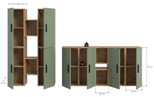 Wohnkombination The One | 12-teilig | Artisan Oak / Smoke Green mit 2er Set Unterbauspot