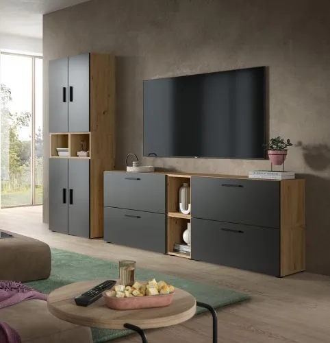 Wohnkombination The One 4b | 6-teilig | Artisan Oak / Basalt grau mit 2er Set Unterbauspot