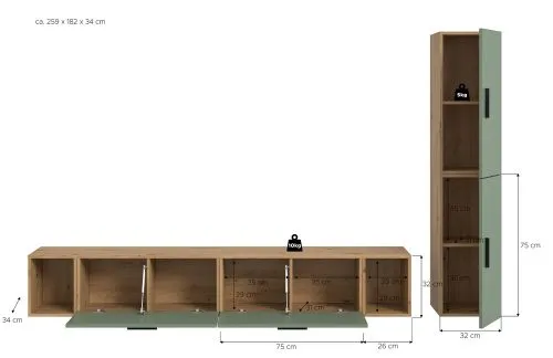 Wohnkombination The One | 6-teilig | Artisan Eiche / Smoke Green LED Bad warm-weiß 2x 110cm