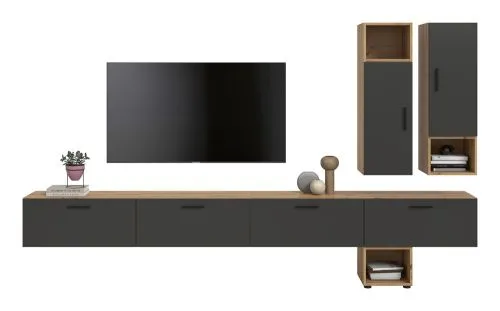 Wohnkombination The One | 9-teilig | Artisan Oak / Basalt grau mit LED Bad warm-weiß 2x 110cm