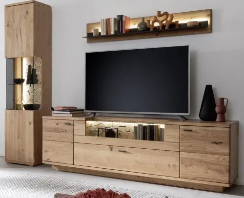 Wohnkombination Venedig 2 | Naturfarben / Wildeiche | 3-teilig | TV-Board & Vitrine mit Bandbeleuchtung