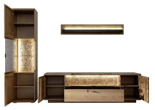 Wohnkombination Venedig 2 | Naturfarben / Wildeiche | 3-teilig | TV-Board & Vitrine mit Bandbeleuchtung