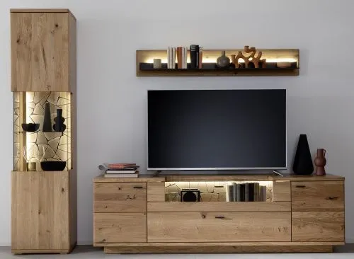 Wohnkombination Venedig 2 | Naturfarben / Wildeiche | 3-teilig | Wandboard & TV-Board mit Bandbeleuchtung