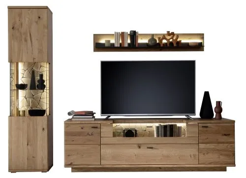 Wohnkombination Venedig 2 | Naturfarben / Wildeiche | 3-teilig | Wandboard & TV-Board mit Bandbeleuchtung