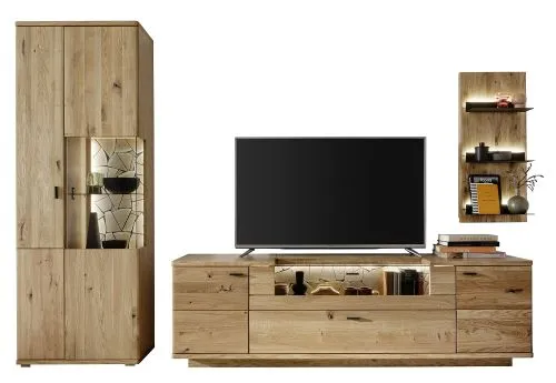 Wohnkombination Venedig | Naturfarben / Wildeiche | 3-teilig | TV-Board & Kombi-Vitrine mit Bandbeleuchtung