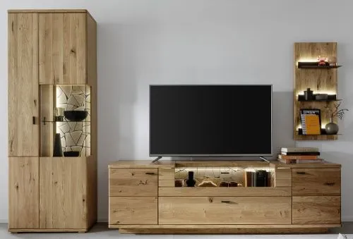 Wohnkombination Venedig | Naturfarben / Wildeiche | 3-teilig | Wandregal & Kombi-Vitrine mit Bandbeleuchtung