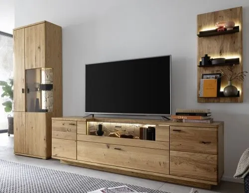 Wohnkombination Venedig | Naturfarben / Wildeiche | TV-Board mit Bandbeleuchtung