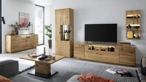 Wohnkombination Venedig | Naturfarben / Wildeiche | TV-Board mit Bandbeleuchtung