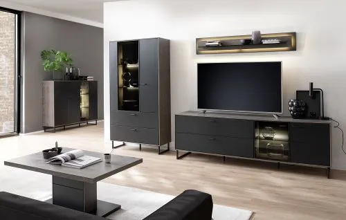 Wohnkombination Venezia 2 | Softblack / Vulcano Eiche | 3-teilig | optional LED Beleuchtung