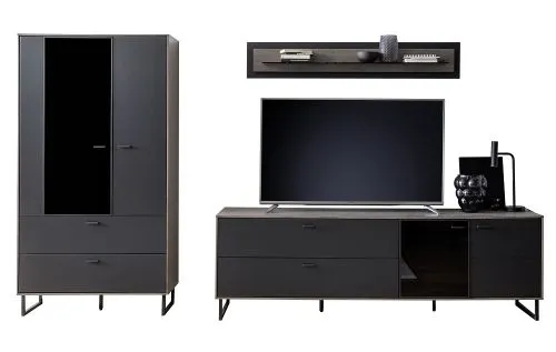 Wohnkombination Venezia 2 | Softblack / Vulcano Eiche | 3-teilig | optional LED Beleuchtung