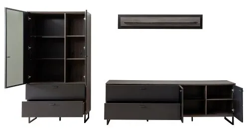 Wohnkombination Venezia 2 | Softblack / Vulcano Eiche | 3-teilig | Wandboard mit Beleuchtung