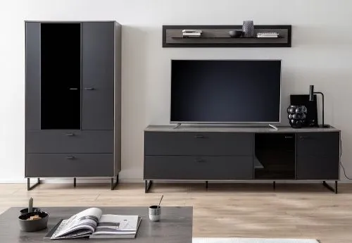 Wohnkombination Venezia 2 | Softblack / Vulcano Eiche | 3-teilig | Wandboard & TV-Board mit Beleuchtung