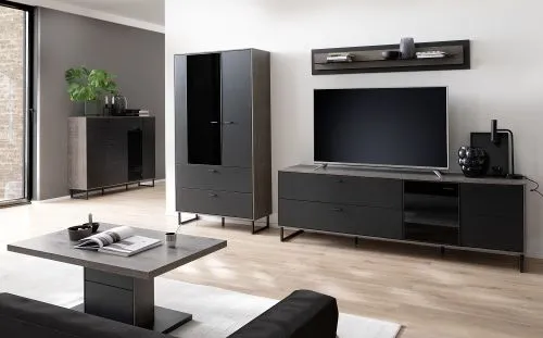 Wohnkombination Venezia 2 | Softblack / Vulcano Eiche | 3-teilig | Wandboard & TV-Board mit Beleuchtung