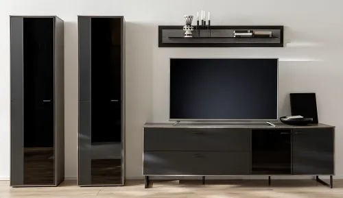 Wohnkombination Venezia 3 | Softblack / Vulcano Eiche | 3-teilig | Wandboard & TV-Board mit Beleuchtung
