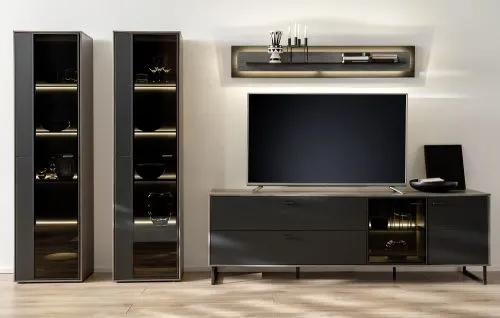 Wohnkombination Venezia 3 | Softblack / Vulcano Eiche | 4-teilig | optional LED Beleuchtung