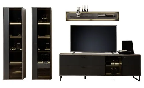 Wohnkombination Venezia 3 | Softblack / Vulcano Eiche | 4-teilig | optional LED Beleuchtung