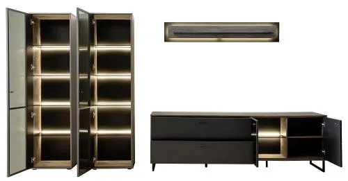 Wohnkombination Venezia 3 | Softblack / Vulcano Eiche | 4-teilig | optional LED Beleuchtung