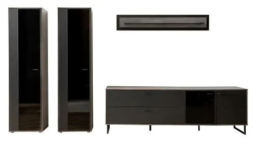Wohnkombination Venezia 3 | Softblack / Vulcano Eiche | 4-teilig | TV-Board mit Beleuchtung