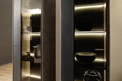 Wohnkombination Venezia 3 | Softblack / Vulcano Eiche | 4-teilig | TV-Board & Vitrinen mit Beleuchtung