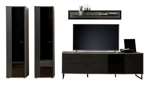 Wohnkombination Venezia 3 | Softblack / Vulcano Eiche | 4-teilig | Wandboard mit Beleuchtung