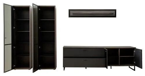 Wohnkombination Venezia 3 | Softblack / Vulcano Eiche | 4-teilig | Wandboard mit Beleuchtung