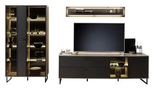 Wohnkombination Venezia | Softblack / Vulcano Eiche | 3-teilig | Beleuchtung Komplettset