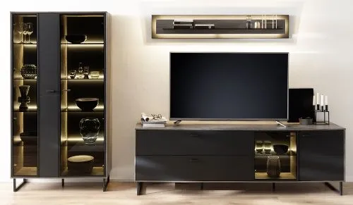 Wohnkombination Venezia | Softblack / Vulcano Eiche | 3-teilig | optional LED Beleuchtung