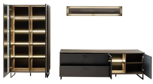 Wohnkombination Venezia | Softblack / Vulcano Eiche | 3-teilig | optional LED Beleuchtung