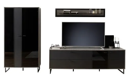 Wohnkombination Venezia | Softblack / Vulcano Eiche | 3-teilig | optional LED Beleuchtung