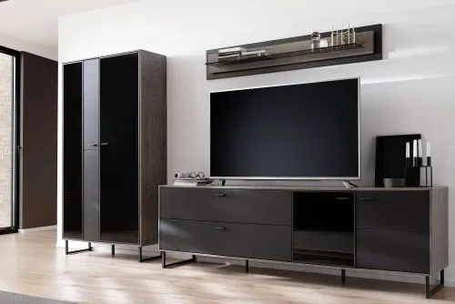 Wohnkombination Venezia | Softblack / Vulcano Eiche | 3-teilig | TV-Board & Kombi-Vitrine mit Beleuchtung