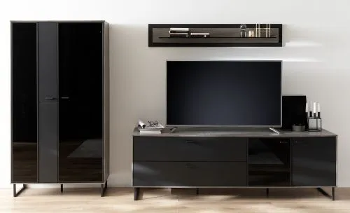 Wohnkombination Venezia | Softblack / Vulcano Eiche | 3-teilig | Wandboard mit Beleuchtung