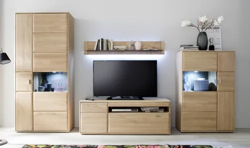 Wohnwand Anbauwand 2 Tarragona | Eiche Bianco | 4-teilig | LED Beleuchtung Komplettset Wandboard