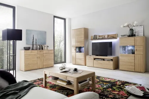 Wohnwand Anbauwand 2 Tarragona | Eiche Bianco | 4-teilig | LED Beleuchtung Komplettset Wandboard