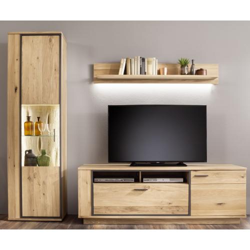 Wohnwand Anbauwand 3 Campinas | Eiche Bianco massiv | 3-teilig | LED Beleuchtung