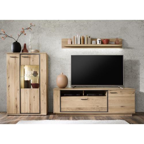 Wohnwand Anbauwand 4 Campinas | Eiche Bianco massiv | 3-teilig | LED Beleuchtung