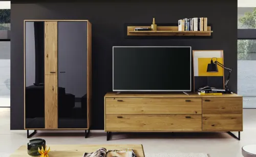 Wohnwand Anbauwand Arezzo | Wildeiche massiv / anthrazit | 3-teilig