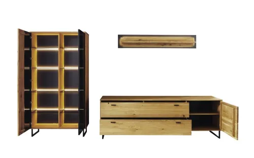 Wohnwand Anbauwand Arezzo | Wildeiche massiv / anthrazit | 3-teilig | LED Beleuchtung